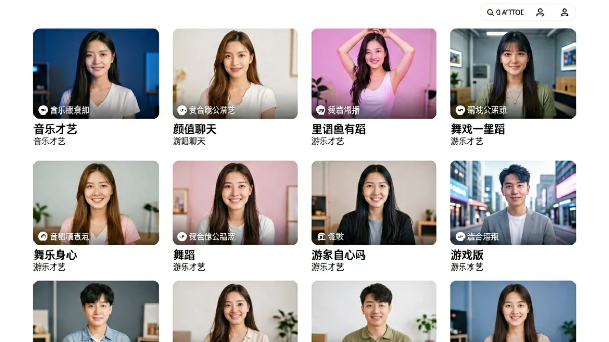 伊人直播内容分类界面，展示音乐才艺、颜值聊天、舞蹈表演等多个直播内容分区的入口和热门封面